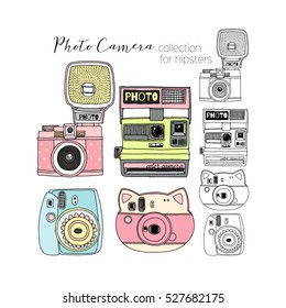 Hipster Photo Camera Collection, Hand Drawn Graphic