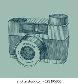 hipster photo camera engraved retro style, hand drawn