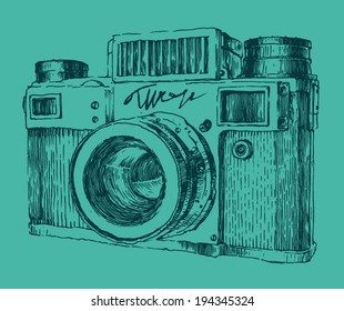 hipster photo camera engraved retro style, hand drawn