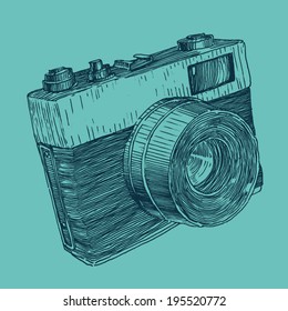 hipster photo camera engraved retro style, hand drawn