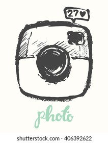 Hipster photo camera, hand drawn vector illustration 