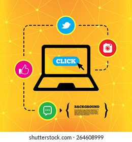 Hipster photo camera icon. Chat speech bubble sign. Hand thumb up. Bird symbol. Notebook device orange background with icons. Vector