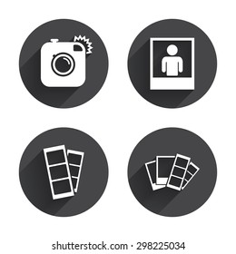 Hipster Photo Camera Icon. Flash Light Symbol. Photo Booth Strips Sign. Human Portrait Photo Frame. Circles Buttons With Long Flat Shadow. Vector