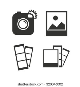 Hipster Photo Camera Icon. Flash Light Symbol. Photo Booth Strips Sign. Landscape Photo Frame. Flat Icons On White. Vector