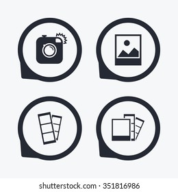 Hipster photo camera icon. Flash light symbol. Photo booth strips sign. Landscape photo frame. Flat icon pointers.