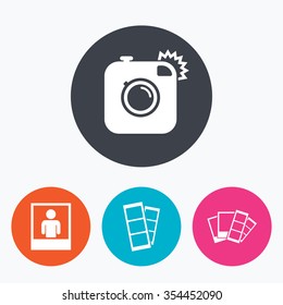 Hipster photo camera icon. Flash light symbol. Photo booth strips sign. Human portrait photo frame. Circle flat buttons with icon.