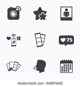 Hipster photo camera icon. Flash light symbol. Photo booth strips sign. Human portrait photo frame. Flat talking head, calendar icons. Stars, like counter icons. Vector