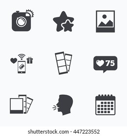 Hipster photo camera icon. Flash light symbol. Photo booth strips sign. Landscape photo frame. Flat talking head, calendar icons. Stars, like counter icons. Vector