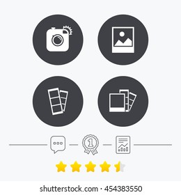 Hipster photo camera icon. Flash light symbol. Photo booth strips sign. Landscape photo frame. Chat, award medal and report linear icons. Star vote ranking. Vector
