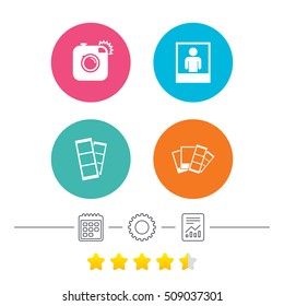 Hipster photo camera icon. Flash light symbol. Photo booth strips sign. Human portrait photo frame. Calendar, cogwheel and report linear icons. Star vote ranking. Vector