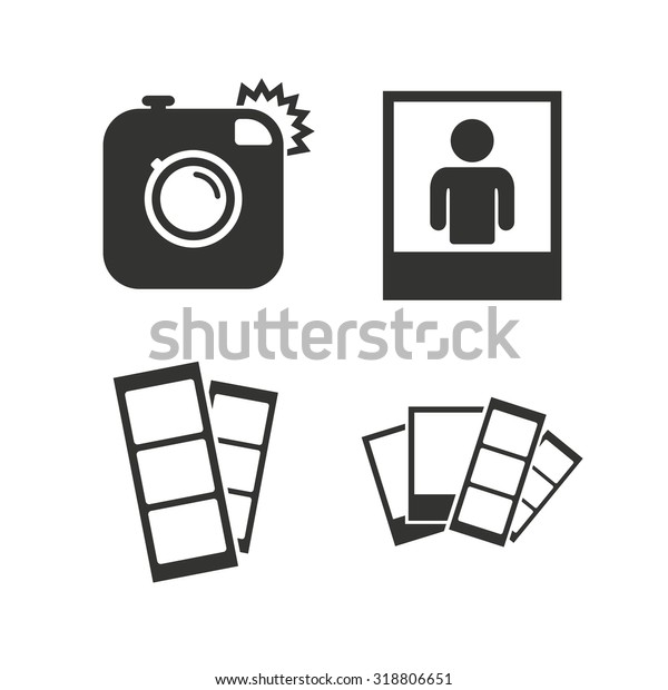 Hipster photo camera icon. Flash light symbol.
Photo booth strips sign. Human portrait photo frame. Flat icons on
white. Vector