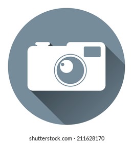Hipster Photo Camera Icon Flat Design Style, Circle Frame, Long Shadow, Vector Illustration.
