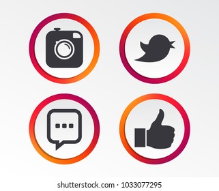 Hipster photo camera icon. Like and Chat speech bubble sign. Hand thumb up. Bird symbol. Infographic design buttons. Circle templates. Vector