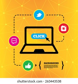 Hipster photo camera icon. Like and Chat speech bubble sign. Hand thumb up. Bird symbol. Notebook device orange background with icons. Vector 