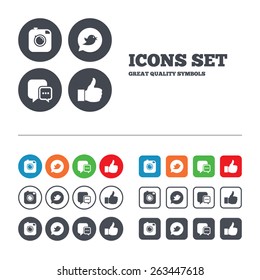 Hipster photo camera icon. Like and Chat speech bubble sign. Bird symbol. Web buttons set. Circles and squares templates. Vector 