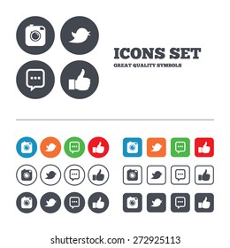 Hipster photo camera icon. Like and Chat speech bubble sign. Hand thumb up. Bird symbol. Web buttons set. Circles and squares templates. Vector