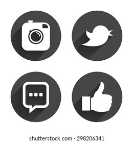 Hipster photo camera icon. Like and Chat speech bubble sign. Hand thumb up. Bird symbol. Circles buttons with long flat shadow. Vector