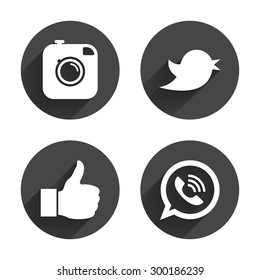 Hipster Photo Camera Icon. Like And Call Speech Bubble Sign. Bird Symbol. Social Media Icons. Circles Buttons With Long Flat Shadow. Vector
