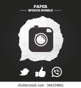 Hipster photo camera icon. Like and Call speech bubble sign. Bird symbol. Social media icons. Paper speech bubble with icon.