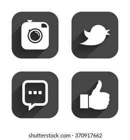 Hipster Photo Camera Icon. Like And Chat Speech Bubble Sign. Hand Thumb Up. Bird Symbol. Square Flat Buttons With Long Shadow.