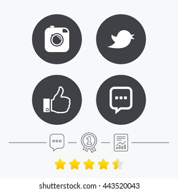 Hipster photo camera icon. Like and Chat speech bubble sign. Hand thumb up. Bird symbol. Chat, award medal and report linear icons. Star vote ranking. Vector