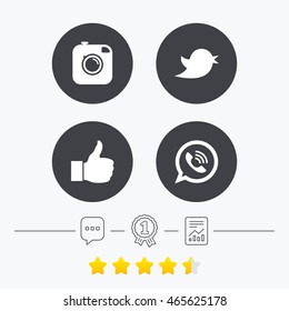 Hipster Photo Camera Icon. Like And Call Speech Bubble Sign. Bird Symbol. Social Media Icons. Chat, Award Medal And Report Linear Icons. Star Vote Ranking. Vector