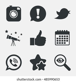Hipster photo camera icon. Like and Call speech bubble sign. Bird symbol. Social media icons. Attention, investigate and stars icons. Telescope and calendar signs. Vector