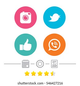 Hipster photo camera icon. Like and Call speech bubble sign. Bird symbol. Social media icons. Calendar, cogwheel and report linear icons. Star vote ranking. Vector