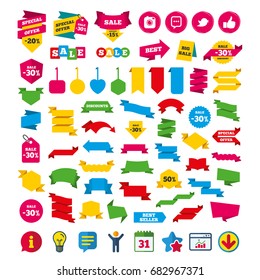 Hipster photo camera icon. Like and Chat speech bubble sign. Hand thumb up. Bird symbol. Shopping tags, banners and coupons signs. Calendar, Information and Download icons. Stars, Statistics and Chat