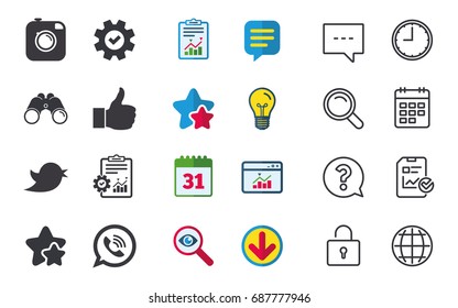 Hipster photo camera icon. Like and Call speech bubble sign. Bird symbol. Social media icons. Chat, Report and Calendar signs. Stars, Statistics and Download icons. Question, Clock and Globe. Vector