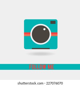 Hipster photo or camera icon with shadow, flat simple design, vector illustration