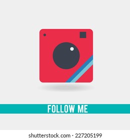 Hipster photo or camera icon with shadow, flat simple design, vector illustration