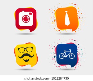 Hipster photo camera. Mustache with beard icon. Glasses and tie symbols. Bicycle sign. Speech bubbles or chat symbols. Colored elements. Vector