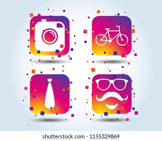 Hipster photo camera. Mustache with beard icon. Glasses and tie symbols. Bicycle sign. Colour gradient square buttons. Flat design concept. Vector