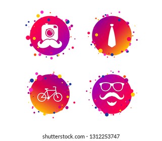 Hipster photo camera. Mustache with beard icon. Glasses and tie symbols. Bicycle family vehicle sign. Gradient circle buttons with icons. Random dots design. Vector