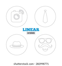 Hipster photo camera. Mustache with beard icon. Glasses and tie symbols. Classic hat headdress sign. Linear outline web icons. Vector