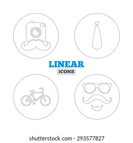 Hipster photo camera. Mustache with beard icon. Glasses and tie symbols. Bicycle family vehicle sign. Linear outline web icons. Vector