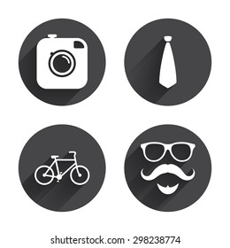 Hipster photo camera. Mustache with beard icon. Glasses and tie symbols. Bicycle sign. Circles buttons with long flat shadow. Vector