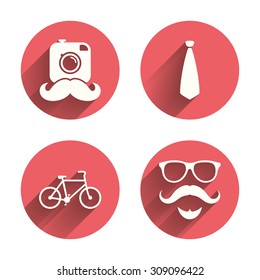 Hipster photo camera. Mustache with beard icon. Glasses and tie symbols. Bicycle family vehicle sign. Pink circles flat buttons with shadow. Vector