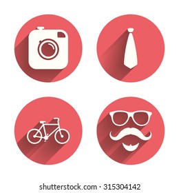 Hipster photo camera. Mustache with beard icon. Glasses and tie symbols. Bicycle sign. Pink circles flat buttons with shadow. Vector