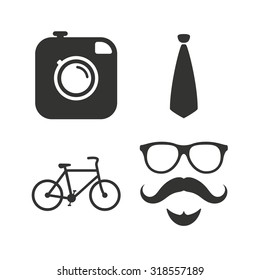 Hipster photo camera. Mustache with beard icon. Glasses and tie symbols. Bicycle sign. Flat icons on white. Vector