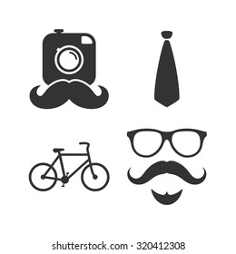 Hipster photo camera. Mustache with beard icon. Glasses and tie symbols. Bicycle family vehicle sign. Flat icons on white. Vector