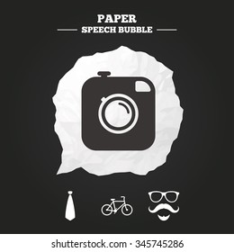 Hipster photo camera. Mustache with beard icon. Glasses and tie symbols. Bicycle sign. Paper speech bubble with icon.