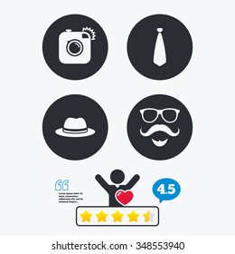 Hipster photo camera. Mustache with beard icon. Glasses and tie symbols. Classic hat headdress sign. Star vote ranking. Client like and think bubble. Quotes with message.