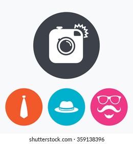 Hipster photo camera. Mustache with beard icon. Glasses and tie symbols. Classic hat headdress sign. Circle flat buttons with icon.