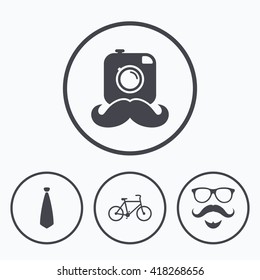 Hipster photo camera. Mustache with beard icon. Glasses and tie symbols. Bicycle family vehicle sign. Icons in circles.