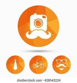 Hipster photo camera. Mustache with beard icon. Glasses and tie symbols. Bicycle family vehicle sign. Triangular low poly buttons with shadow. Vector