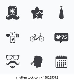 Hipster photo camera. Mustache with beard icon. Glasses and tie symbols. Bicycle family vehicle sign. Flat talking head, calendar icons. Stars, like counter icons. Vector