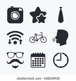 Hipster photo camera. Mustache with beard icon. Glasses and tie symbols. Bicycle sign. Wifi internet, favorite stars, calendar and clock. Talking head. Vector