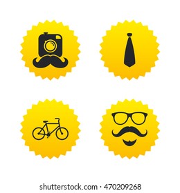 Hipster photo camera. Mustache with beard icon. Glasses and tie symbols. Bicycle. Yellow stars labels with flat icons. Vector